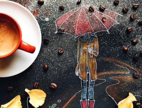 Кофе и девушка с зонтом